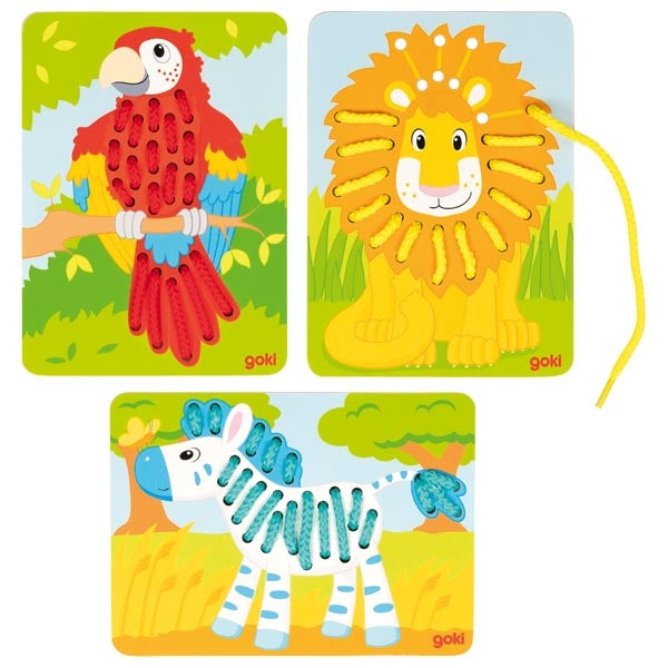 Jeu de lacets en bois Perroquet, Lion et Zèbre Goki