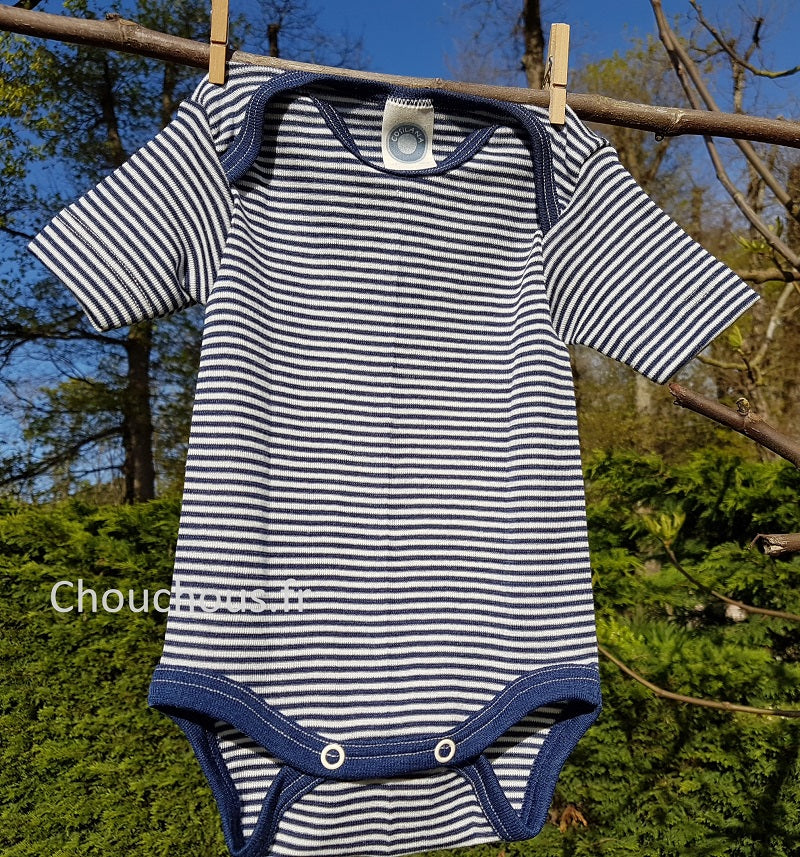 Cosilana body manches courtes Bleu rayé - Laine/soie