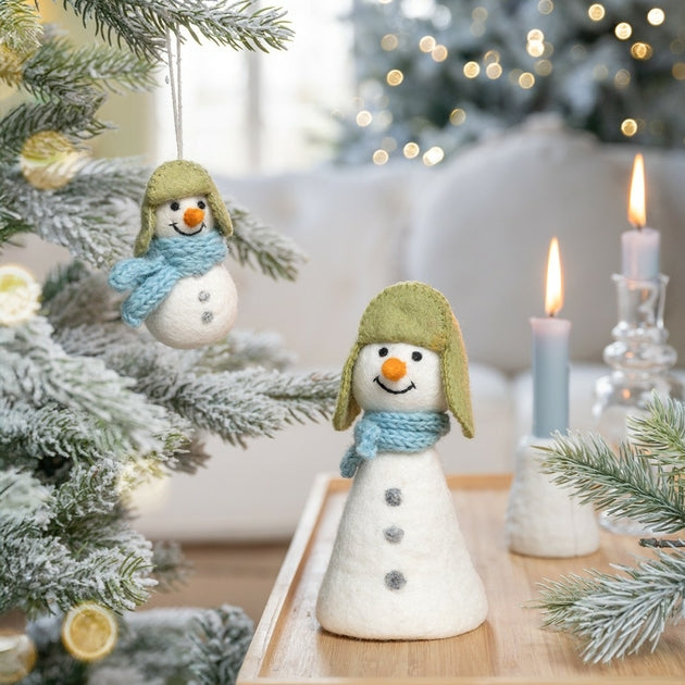 Suspension de Noël en feutrine de laine Bonhomme de neige Bleu glace