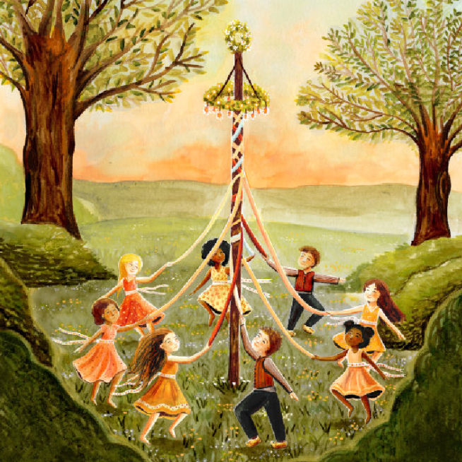 Carte à insérer pour la Lampe de saisons - Illustratrice E. Bennink - Dance around the Maypole