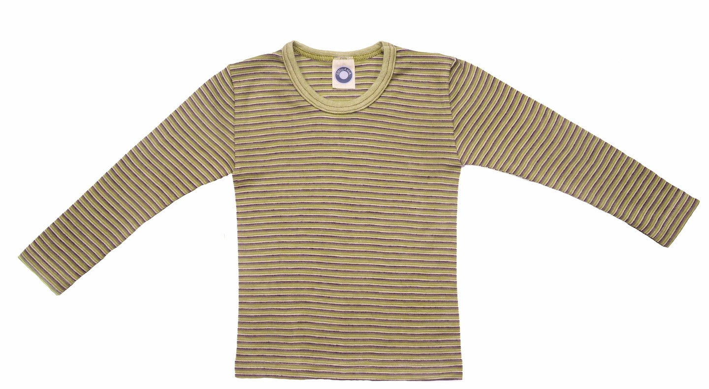 Cosilana T-shirt manches longues enfants Laine/soie vert/prune/naturel rayé