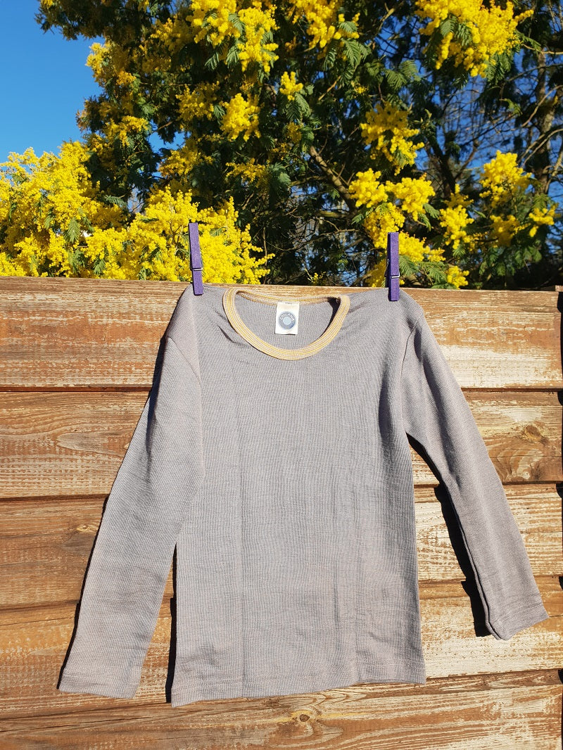 Cosilana T-shirt manches longues enfants gris/vert - Laine/soie