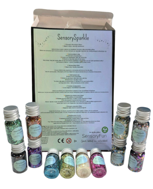 SensoryFun Paillettes Bio dégradables pour jeu sensoriel - Lot de 12