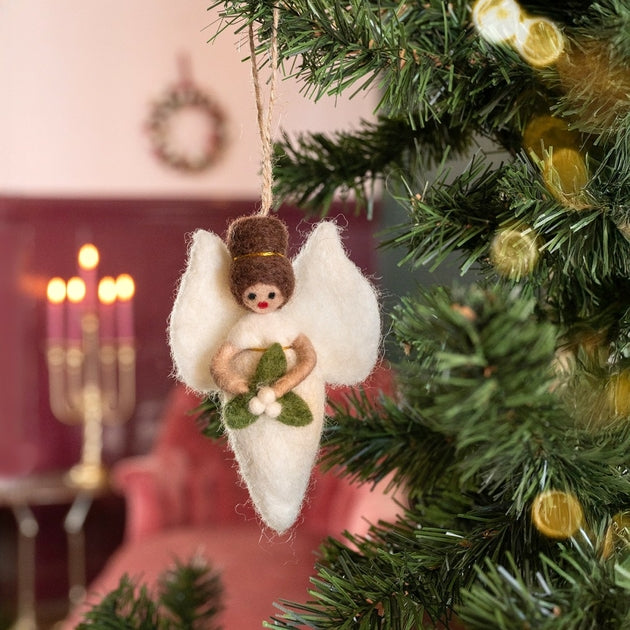 Suspension de Noël en feutrine de laine Ange blanc avec Gui