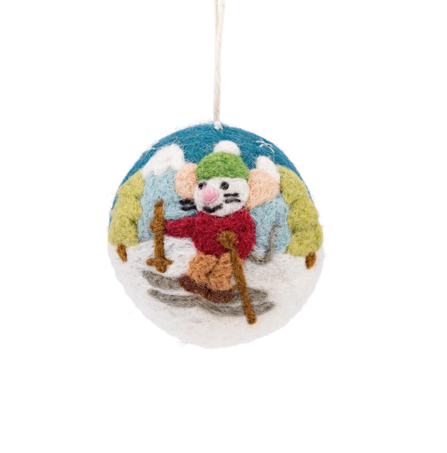 Boule de Noël en feutrine de laine Souris sur Skis- Sjaal met Verhaal
