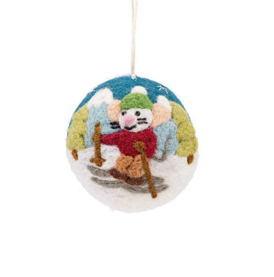 Boule de Noël en feutrine de laine Souris sur Skis- Sjaal met Verhaal