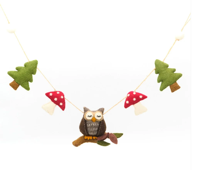 Guirlande de décoration en feutrine de laine Chouette et Champignons