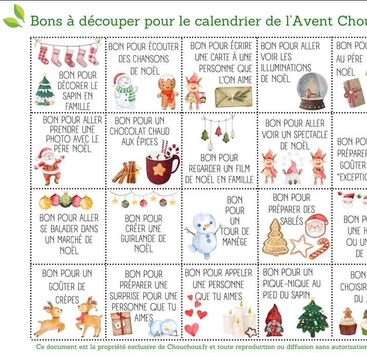 Bons d'activités à découper - Calendrier de l'Avent