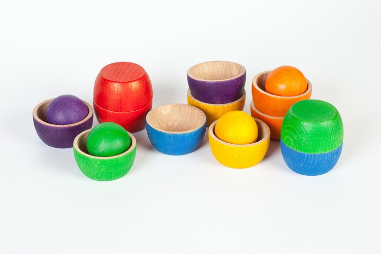 12 Bols et 6 Boules en bois coloré Grapat