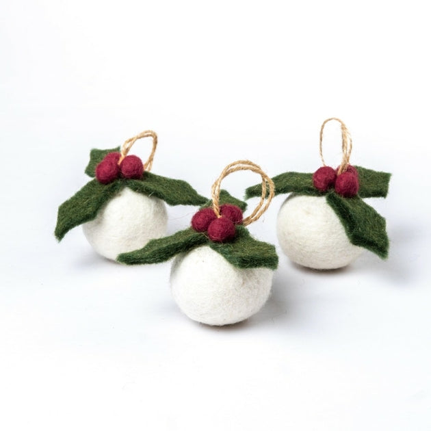 Boule de Noël en feutrine de laine Holly Berry Houx 3D - Small