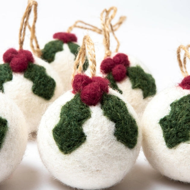 Boule de Noël en feutrine de laine Holly Berry Houx - Small