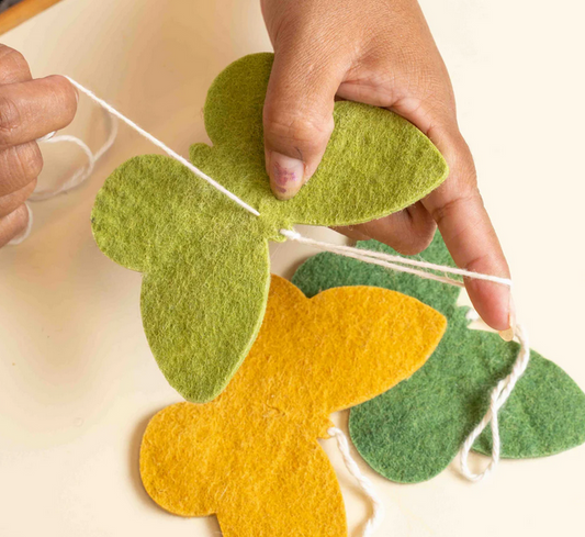 Suspension en feutrine de laine Papillon Jaune/Vert - Lot de 4
