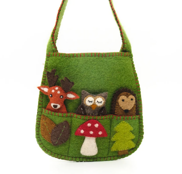 Sac en feutrine de laine avec marionnettes à doigts – Animaux de la forêt