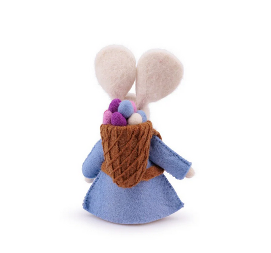 Sjaal met Verhaal Décoration Lapin de Pâques avec panier Bleu en feutrine de laine