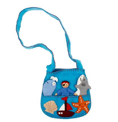 Sjaal met Verhaal Sac en feutrine de laine avec marionnettes à doigts – Dans la Mer