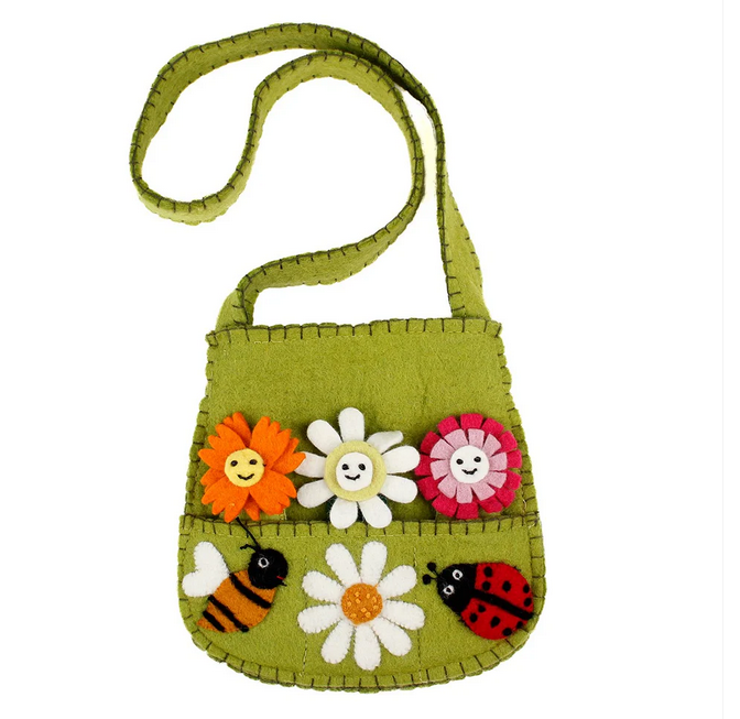 Sjaal met Verhaal Sac en feutrine de laine avec marionnettes à doigts – Fleurs et Insectes