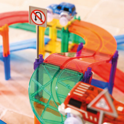 Cleverclixx Race Track Parcours à voitures Arc-en-ciel 65 pièces - Jeu magnétique