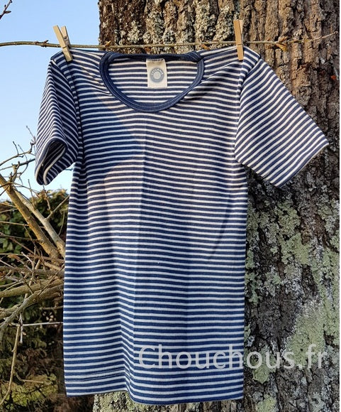 Cosilana T-shirt Enfant manches courtes bleu rayé - laine/soie