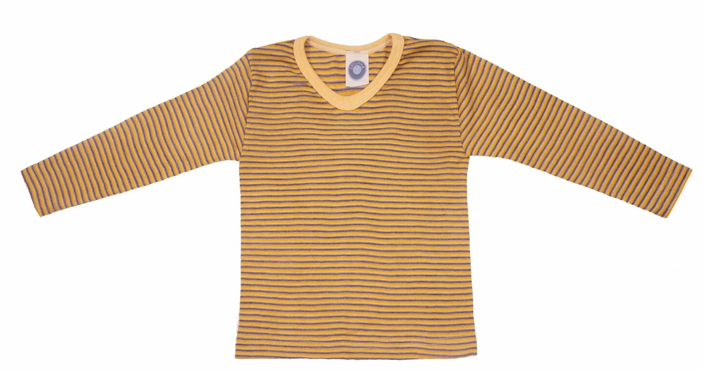 Cosilana T-shirt manches longues enfants Laine/soie jaune/prune/naturel rayé