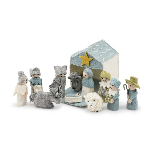 Crèche de Noël en feutrine de laine Bleu glace