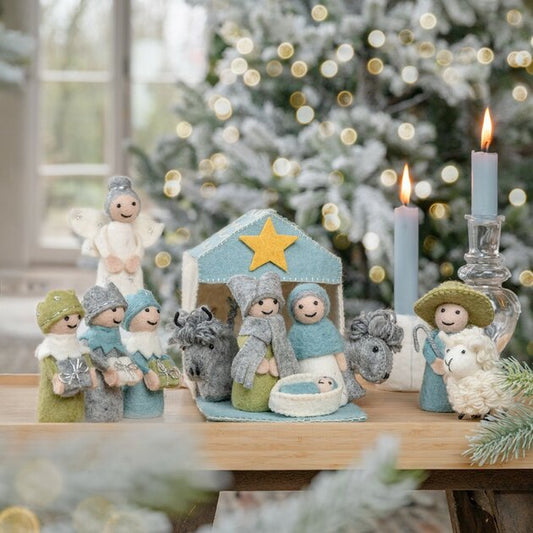 Crèche de Noël en feutrine de laine Bleu glace