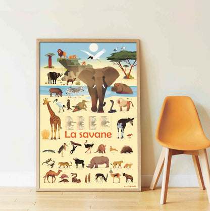 Poppik Poster pédagogique Savane + 42 autocollants 5-12 ans
