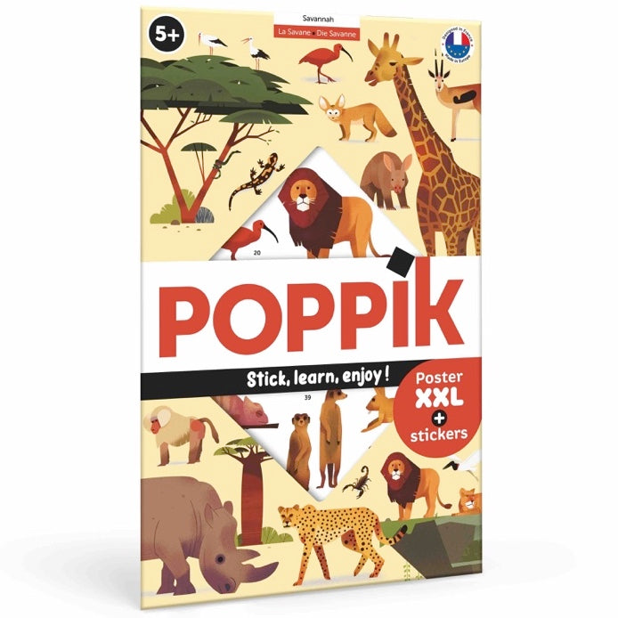 Poppik Poster pédagogique Savane + 42 autocollants 5-12 ans