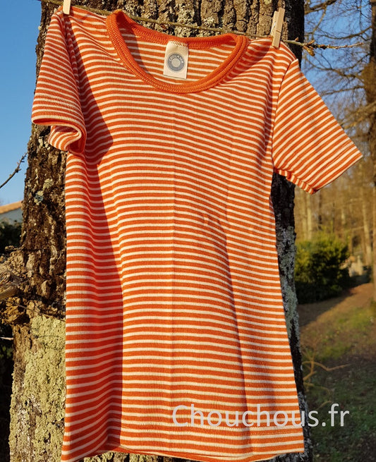 Cosilana T-shirt Enfant manches courtes orange rayé - laine/soie