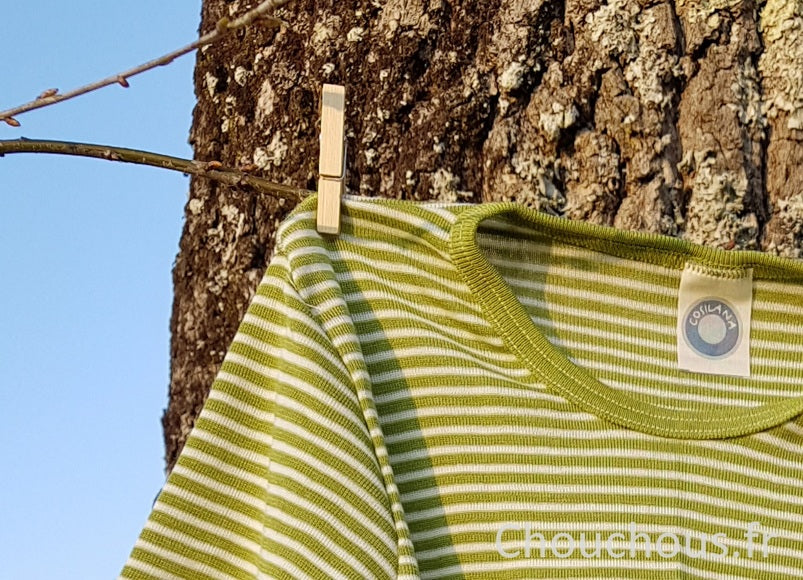 Cosilana T-shirt Enfant manches courtes vert rayé - laine/soie