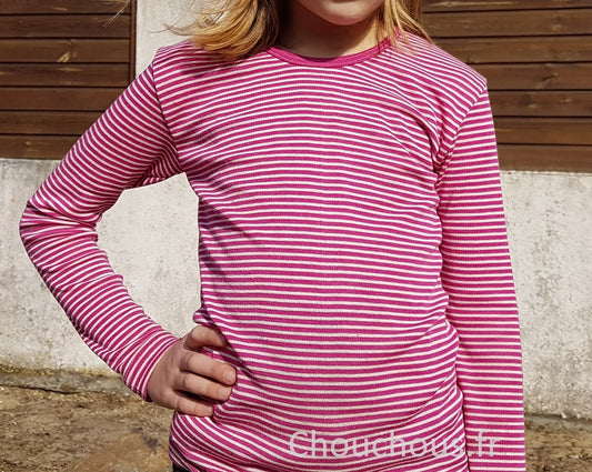 Cosilana T-shirt manches longues Enfant Rose rayé - Laine/soie